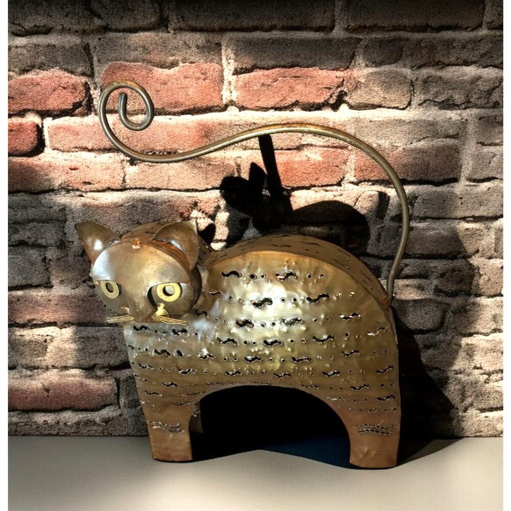 Rustic Metal Cat Sculpture With Curled Tail Candle Holder Vintage Bronze Finish - Picture 5 of 10